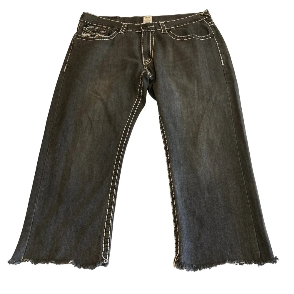 True Religion Jeans Men 40x26 Billy Super T Black Thick Stitch Raw Hem *BUTTONS*